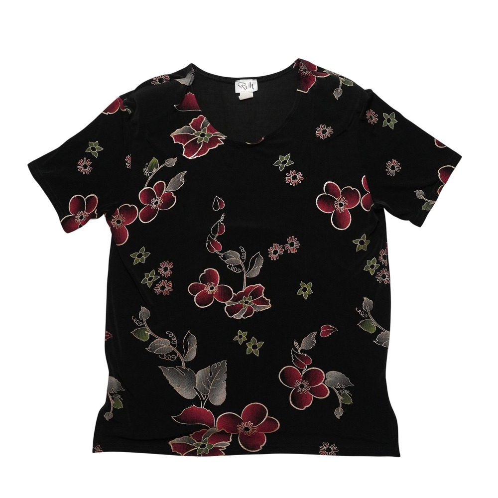 RM Womens XL Vintage 90s Floral Top Black Shoulder Pads USA‎ Made